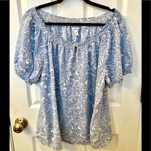 Croft & Barrow Blue & White Peasant Blouse Top